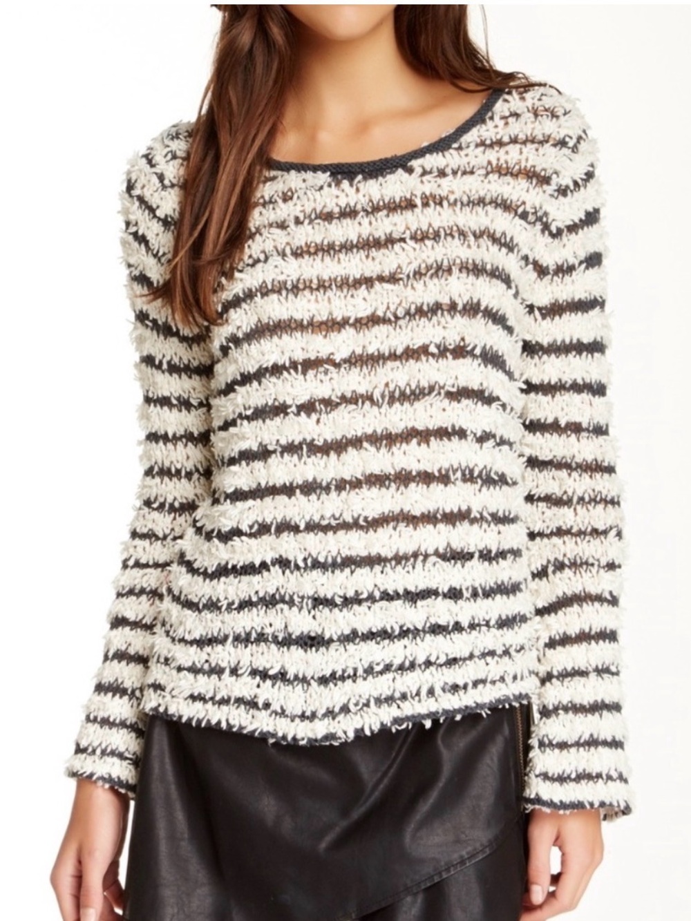 Free People Black and White Downey Striped Fuzzy Knit Pullover Size L